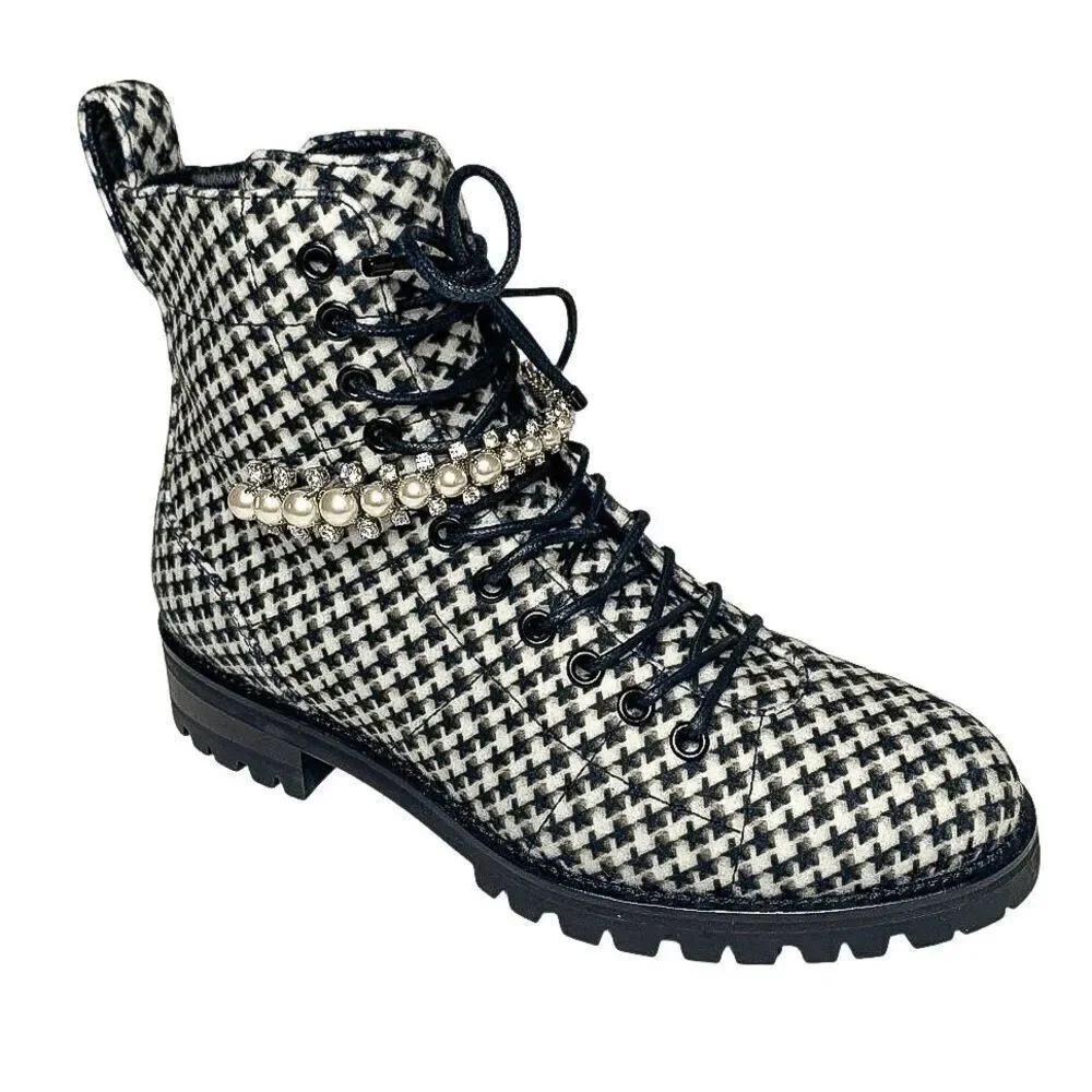 Jimmy Choo Cruz Black White Houndstooth Embellished Combat Lace-Up Boots EU 37